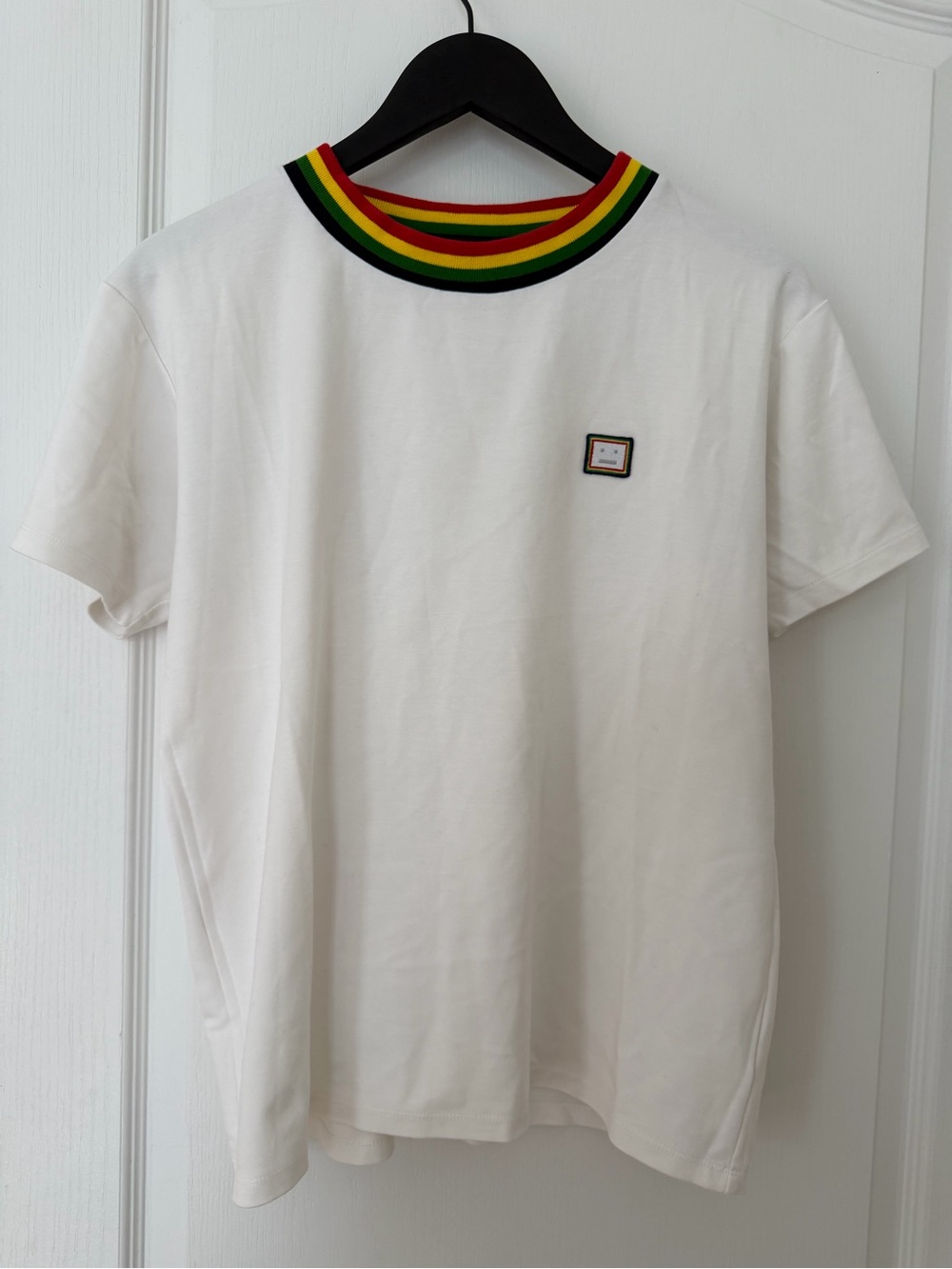 Acne White Short‑Sleeve Tee with Red, Yellow, Green and Black Ribbed Collar